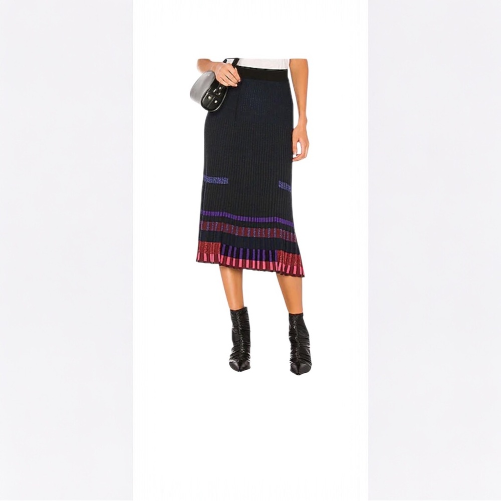 KENZO Paris Rib Knit Pleated A-line Black/Blue/Cranberry Midi Skirt M/L